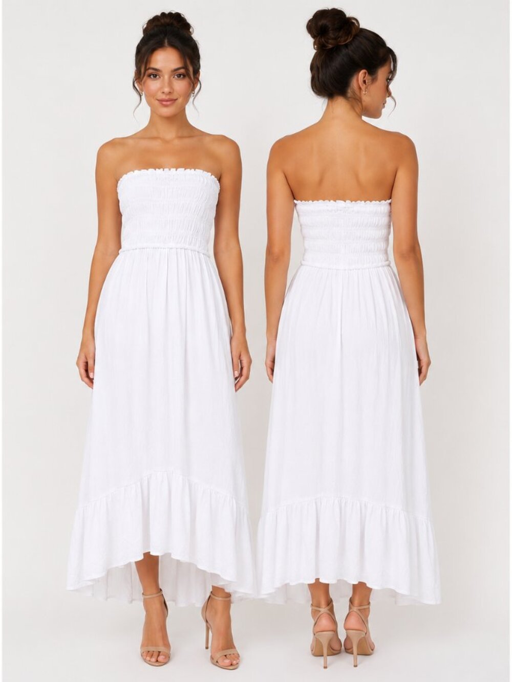 Passport White Smocked Strapless Maxi Dress High Low Ruffle B24789A Mens Size M